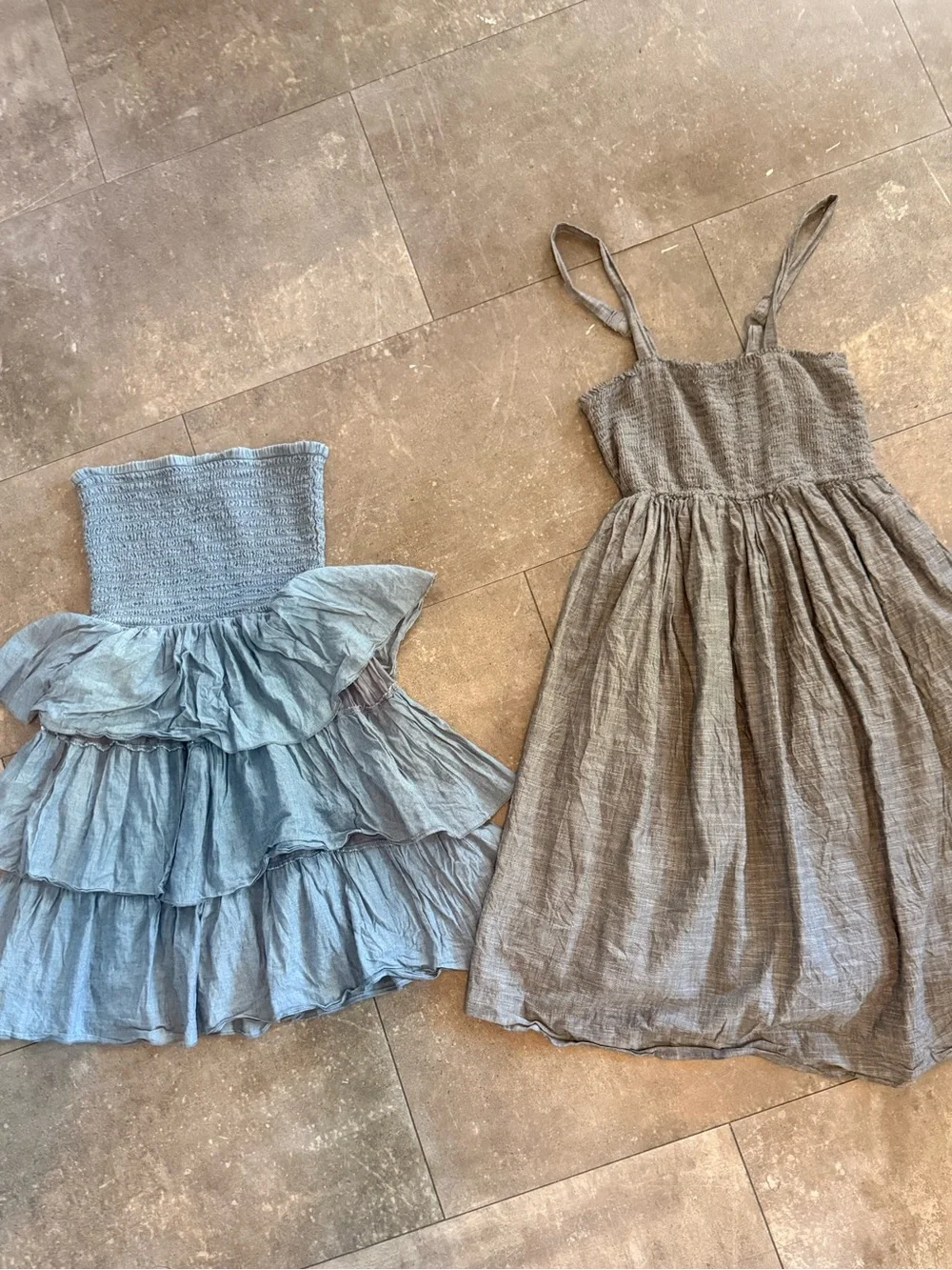 Old Navy Blue Tiered Ruffle Dress and Gray Spaghetti-Strap Sundress